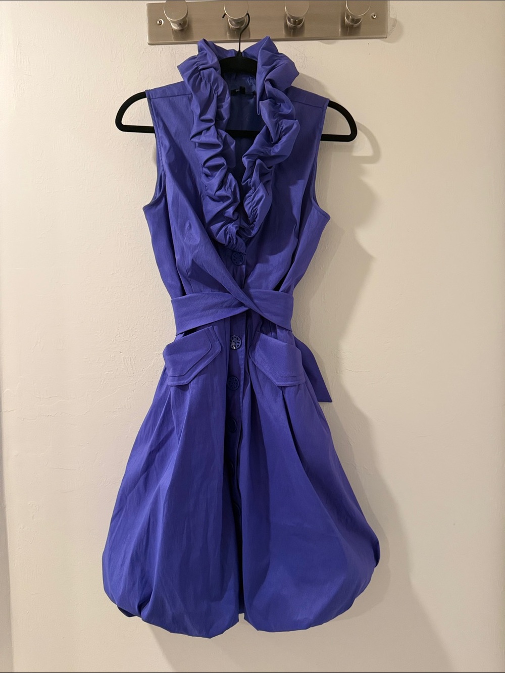 Samuel Dong Purple Ruffle Collar Bubble Hem Belted Dress Size L
